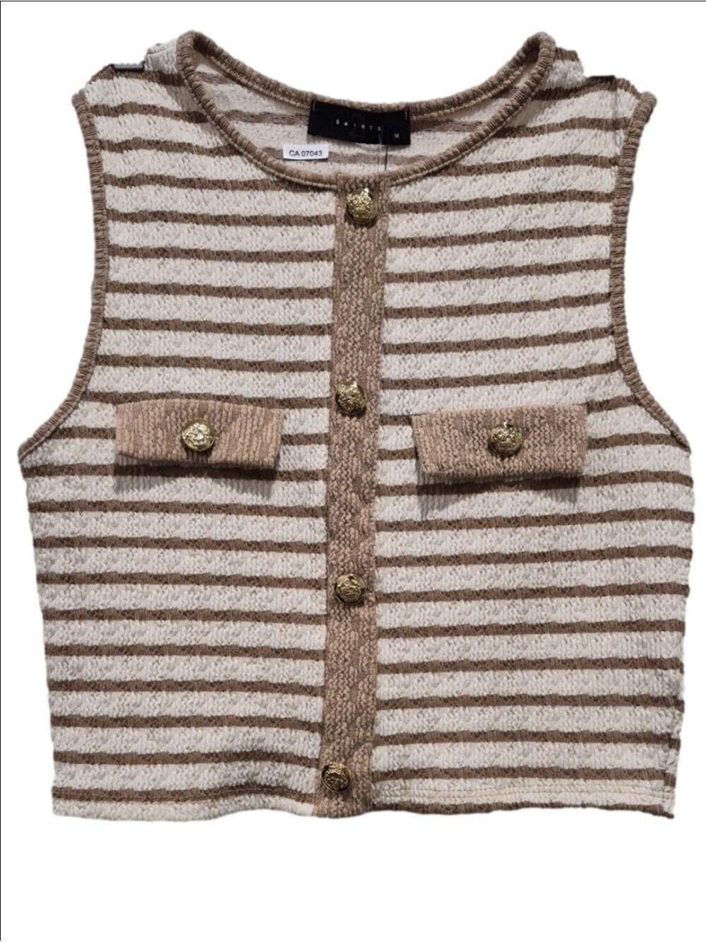 21 Saints Beige Cream Horizontal Stripe Textured Cropped Cardigan M
